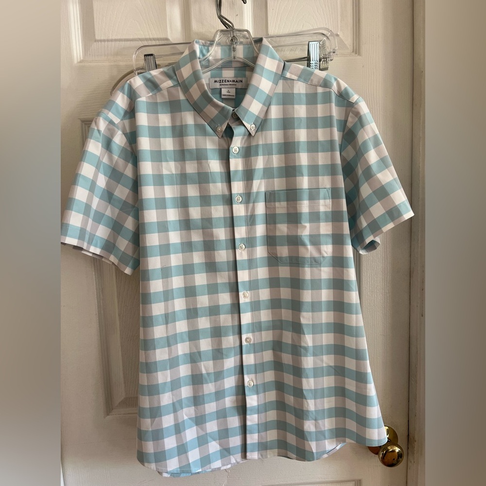 Mizzen Main Shirt Mens Large Blue White Check Button Down Classic Performance